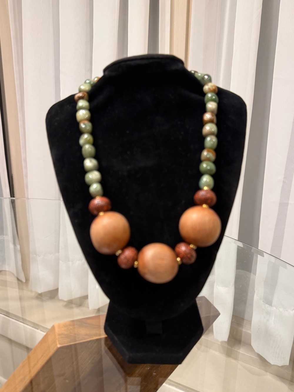 Handcrafted Wooden Bead Statement Necklace in Green, Terracotta, and Brown